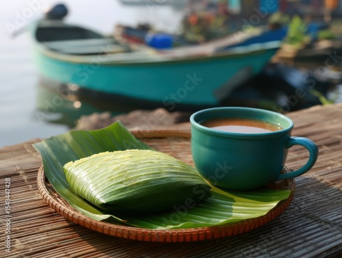 Traditional Snack and Drink on a Leaf with Boat in Background Laid Out