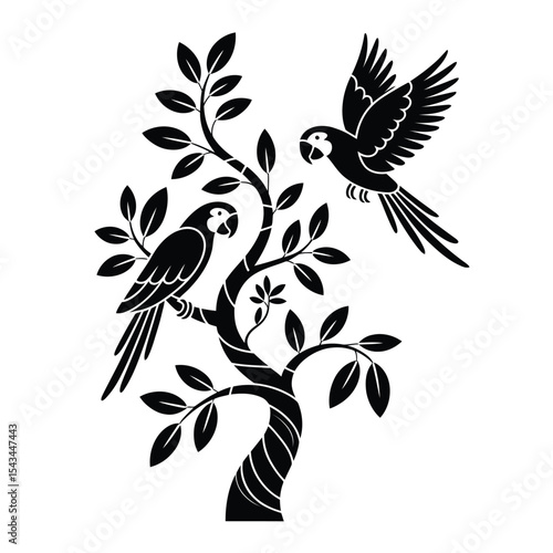 Two Black Macaws Perched on a Stylized Black Tree with Lush Leaves a Monochrome Bird and Branch
