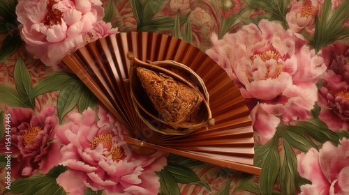 Elegant Fan and Decorative Item on Floral Background with Peonies