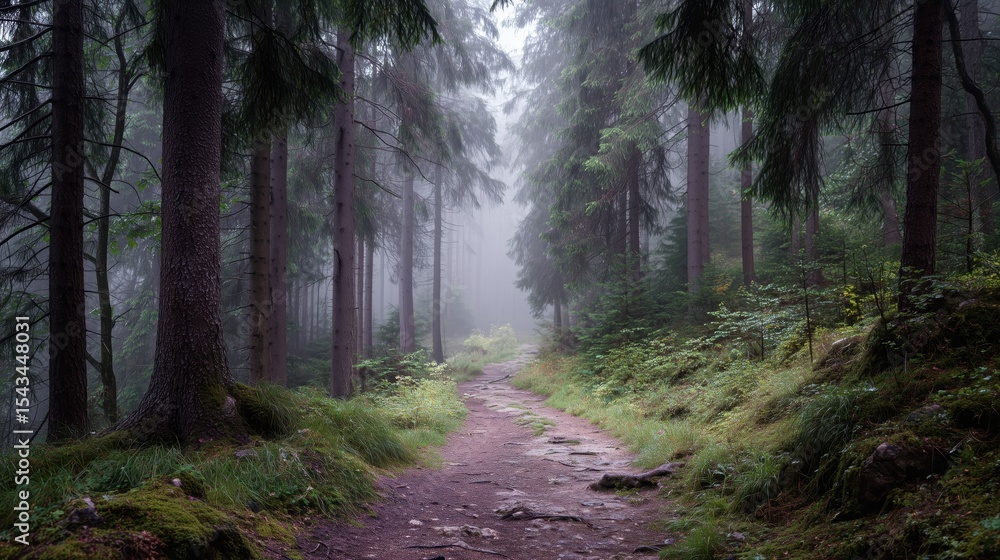 Obraz premium Misty woodland path surrounded by tall trees and green moss