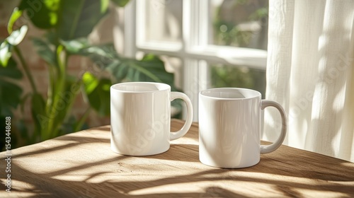 Wallpaper Mural Two simple white mugs sit comfortably on a sunlit table, surrounded by soft shadows and a warm atmosphere, perfect for enjoying a cozy drink with a loved one on a relaxing day. Torontodigital.ca