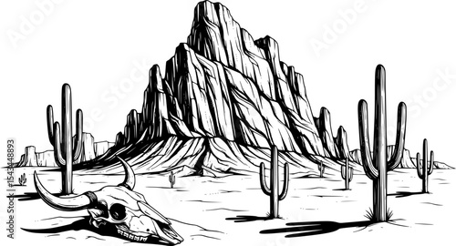 Desert landscape with cactus, animal skull, and rock formation illustration. Vector illustration
