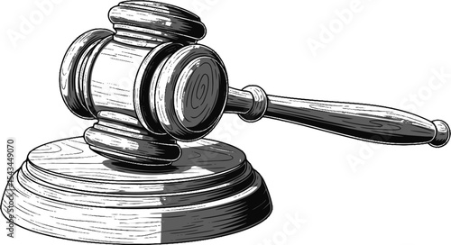 Wooden judge's gavel and sound block in black and white sketch, justice concept. Vector illustration
