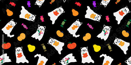 cute halloween seamless pattern for kids with ghost cats pumpkins and candies on a dark black background perfect for children's textiles