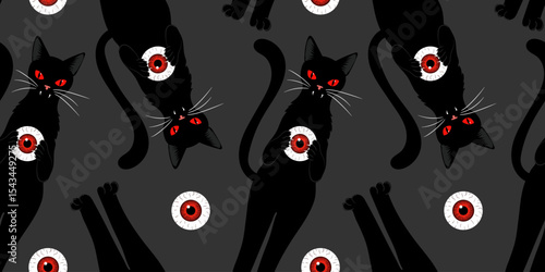dark halloween seamless pattern with black vampire cats and creepy red eyeballs – spooky gothic design for fabric, wallpaper, wrapping or party decor