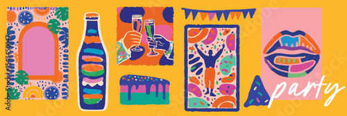 Tropical party artwork with cocktails, fashion and festive elements