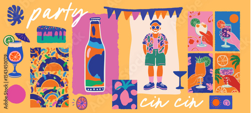 Tropical party artwork with cocktails, fashion and festive elements