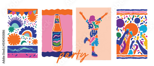 Tropical party artwork with cocktails, fashion and festive elements