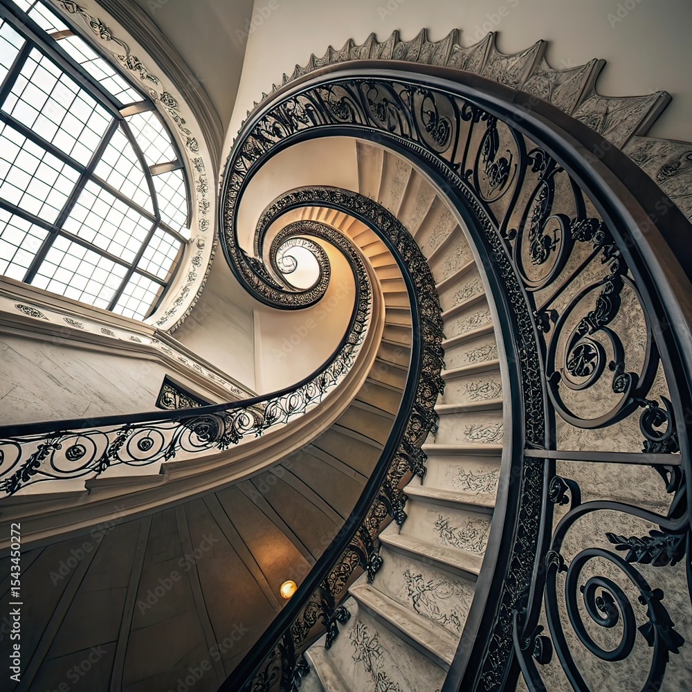 Fototapeta premium Vintage spiral staircase with intricate details. Architectural design with carved, decorative elements, circular shape leads upwards