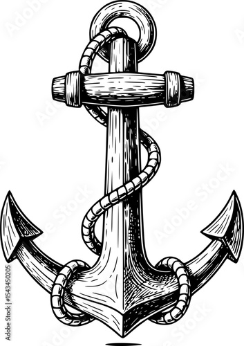 Detailed black and white sketch of a nautical anchor drawing. Vector illustration
