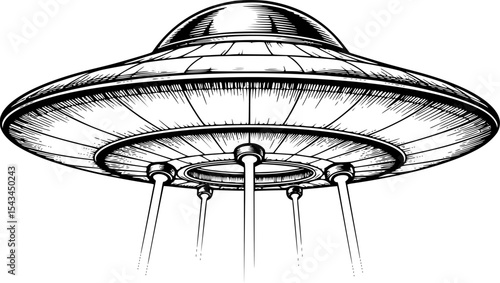 Sketch of a flying saucer with beams in black and white illustration. Vector illustration
