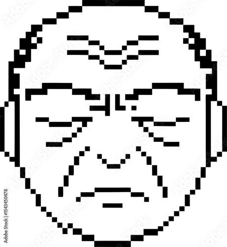 Pixel art elderly man face, frowning expression with wrinkled forehead black and white retro digital character illustration