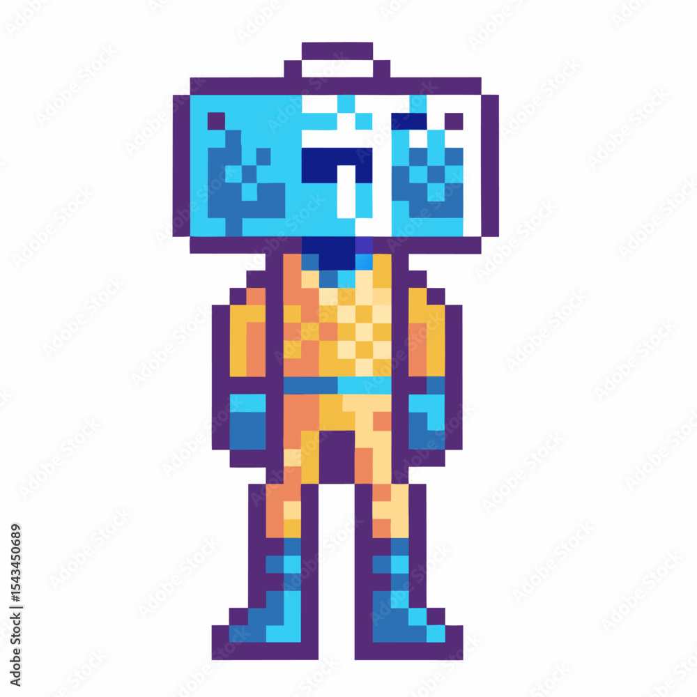 Fototapeta premium Retro pixel art robot character with blue monitor screen head, orange spacesuit, digital style, technology concept