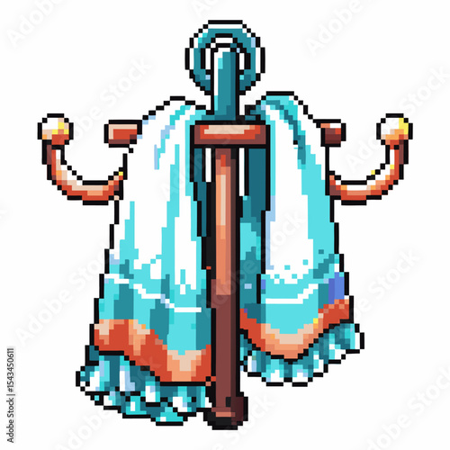 Pixel art towel rack with two hanging white towels, vintage bathroom decor retro pixel cleaning and drying concept