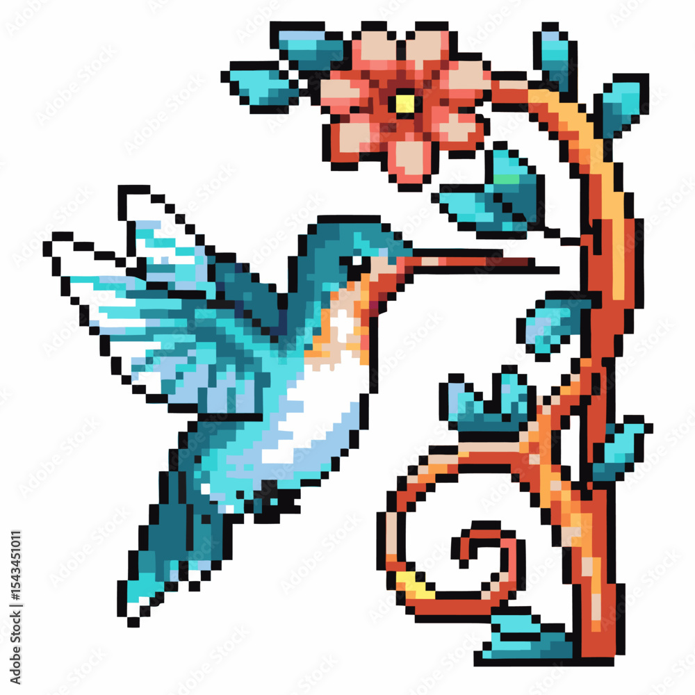 Fototapeta premium Pixel art hummingbird with vibrant wings drinking nectar from pink flower, retro digital style, colorful decorative pattern
