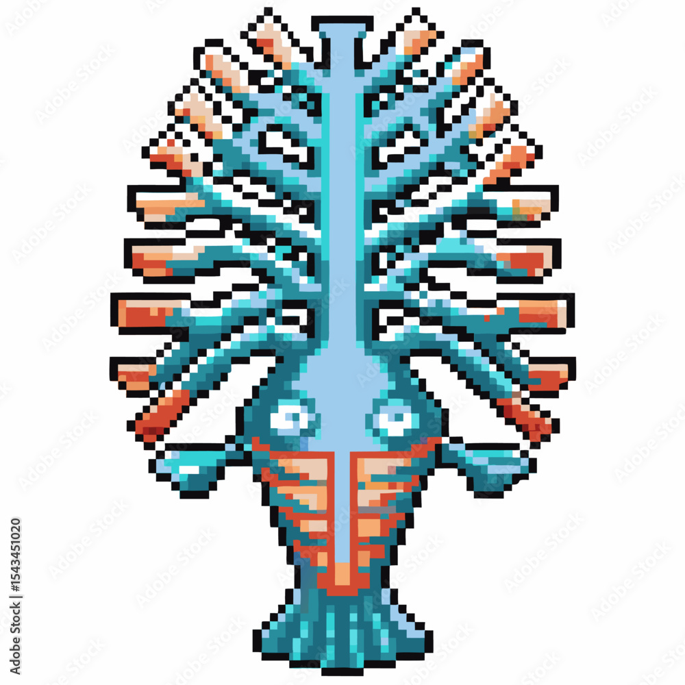 Fototapeta premium Retro pixel art fish skeleton design with blue and red bones, aquatic anatomy illustration, vintage digital