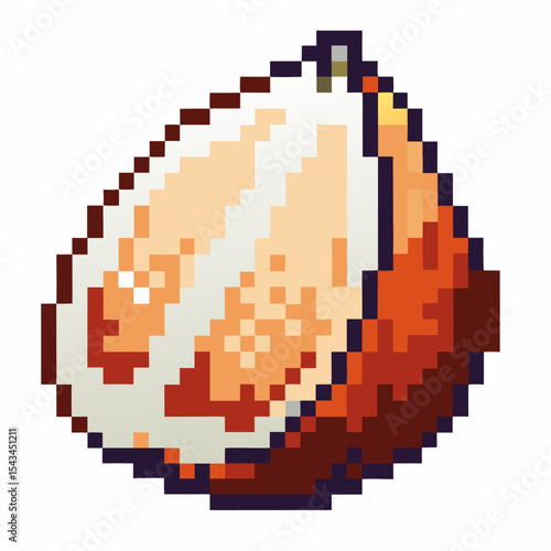 Pixel art coconut half retro digital tropical fruit, 8 bit graphic for games or icons, sliced open brown shell