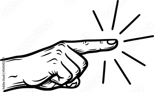 Hand sketched pointing index finger with radiating lines illustration. Vector illustration
