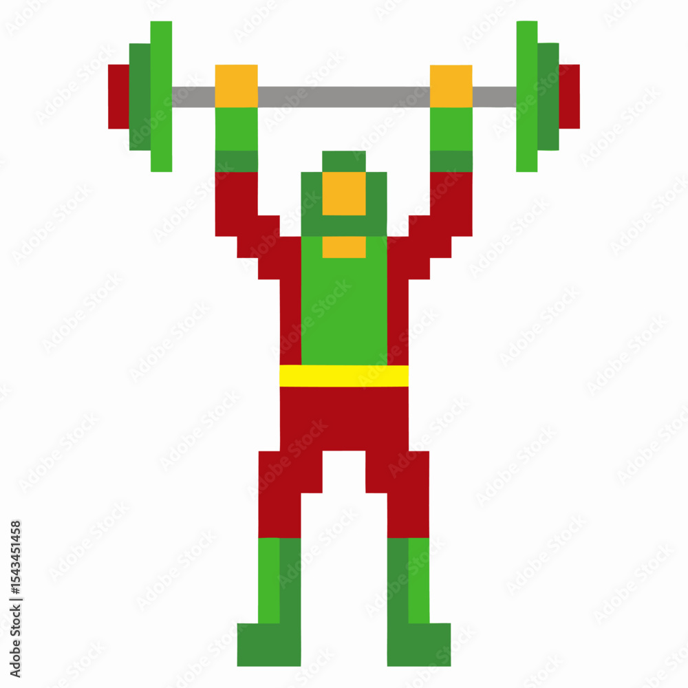 Fototapeta premium Pixel art weightlifter lifting heavy barbell overhead in green and red suit gym fitness exercise, strength and sports game icon