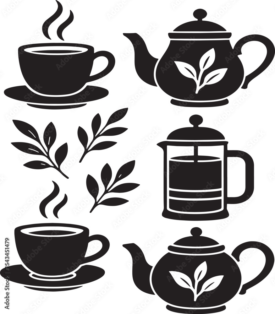 Obraz premium Tea Cups And Teapots With Leaves Vector Illustrations