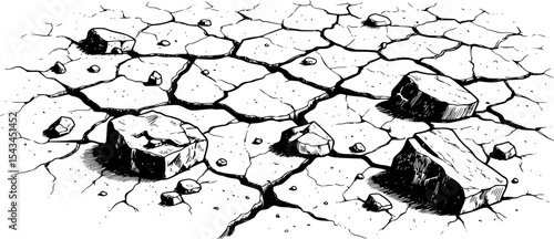 Cracked ground with scattered debris and stones in monochrome ink drawing. Vector illustration

