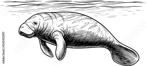 Black and white illustration of a swimming manatee in vintage style art. Vector illustration
