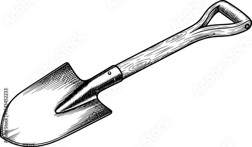Illustrated spade shovel with wooden handle, sketch drawing. Vector illustration
