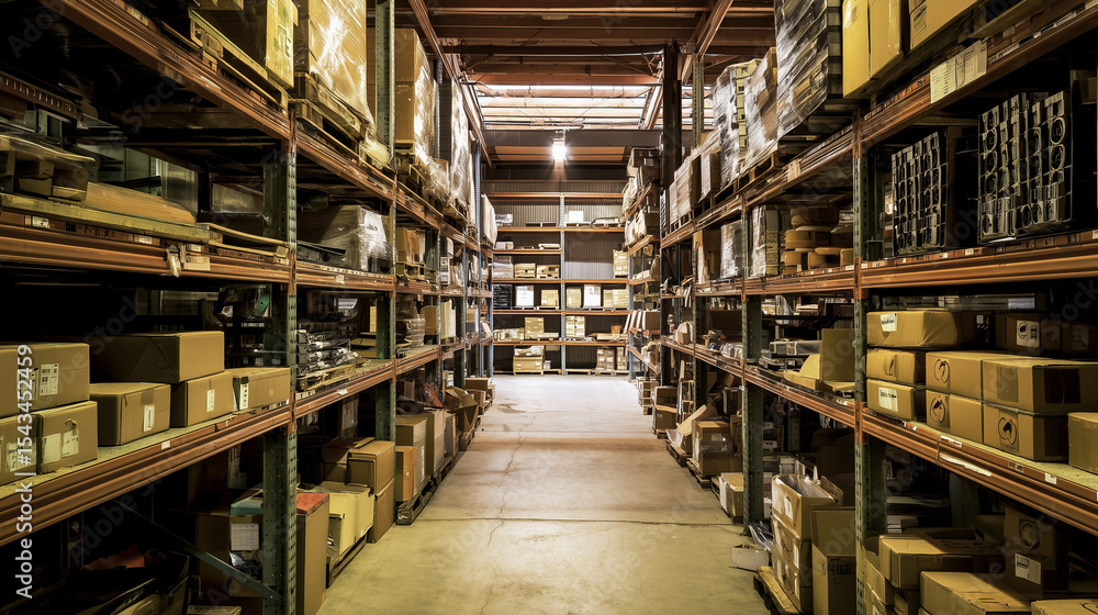 Neatly stacked shelves in a warehouse, showcasing efficient organization and professional storage solutions. Neatly stacked shelves in a warehouse, showcasing efficient organization and professional storage solutions.