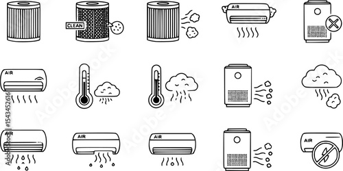 set of air icons, such as air filter, temperature, air purifier, dust