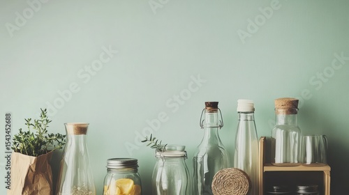 Glass containers and herbs arranged on a light teal background.