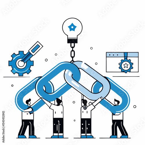 Teamwork and Innovation Vector Illustration with People Holding Interconnected Chains and a Lightbulb Idea

