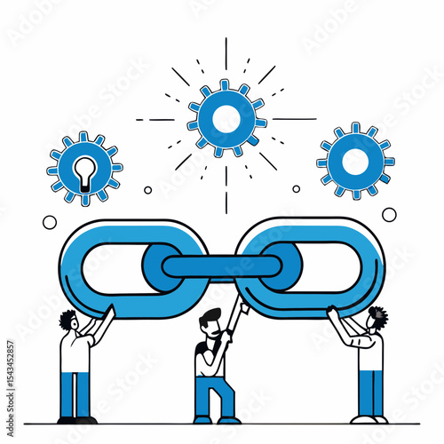 Teamwork and Connection Concept Vector Illustration with Interlocking Chains and Gears, Collaboration, and Problem Solving


