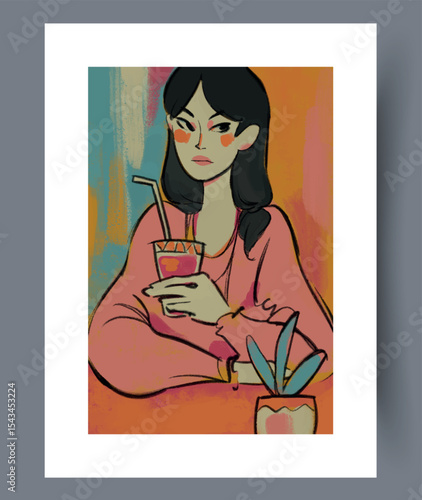 A Stylish Woman Happily Enjoying a Drink in a Trendy and Vibrant Cafe Atmosphere