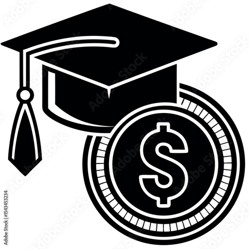 Graduation cap and dollar coin isolated on white background