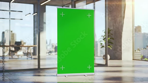Green Screen Roll-Up Banner in Modern Office Setting