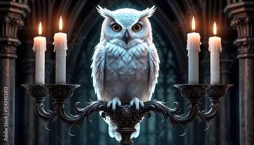 A majestic white owl perched on a candle holder with four lit candles. The background features dark gothic architecture, creating a mysterious atmosphere.