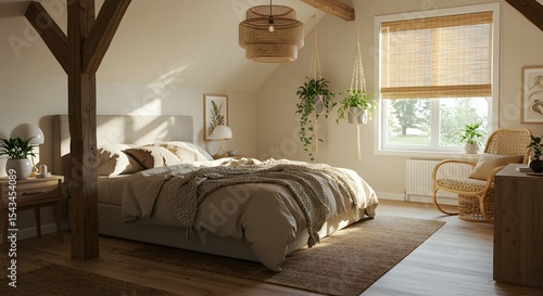 Serene Bohemian Bedroom Design Natural Textures, Warm Lighting, and Tranquil Atmosphere