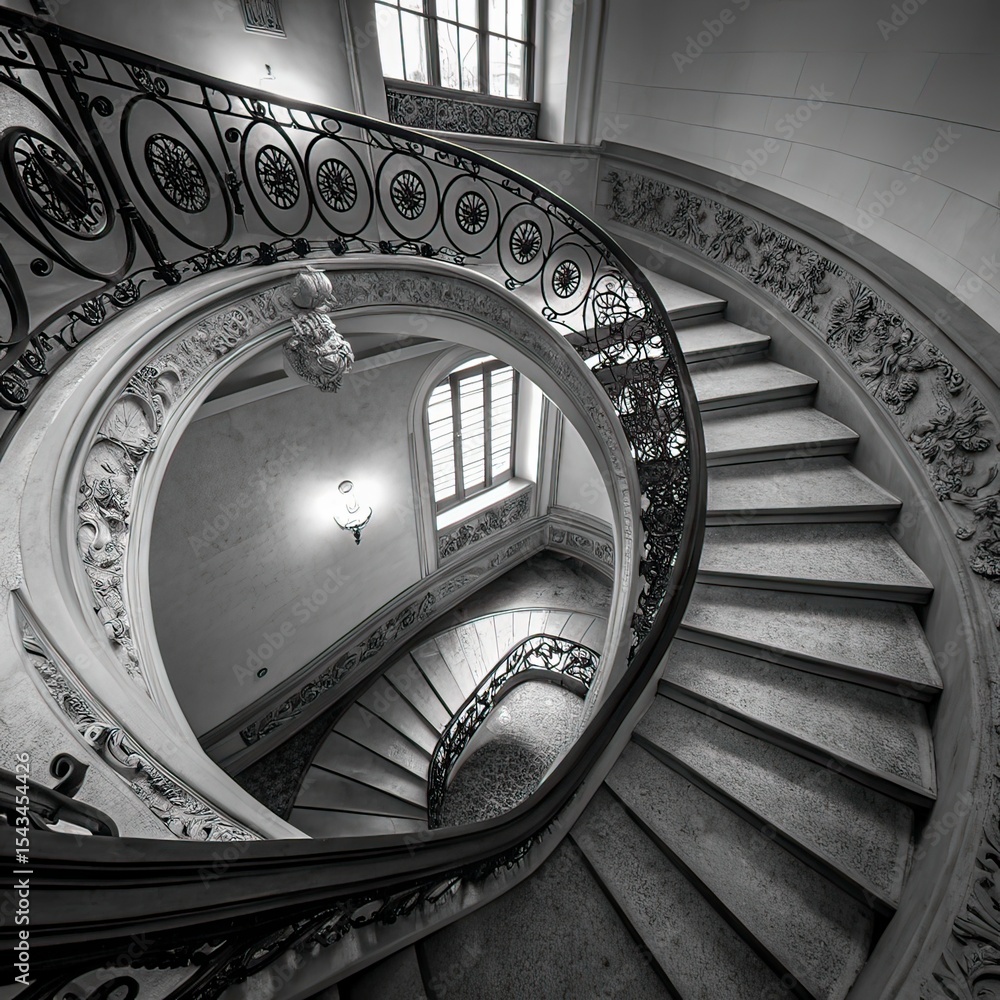 Fototapeta premium Vintage spiral staircase with intricate details. Architectural design with carved, decorative elements, circular shape leads upwards