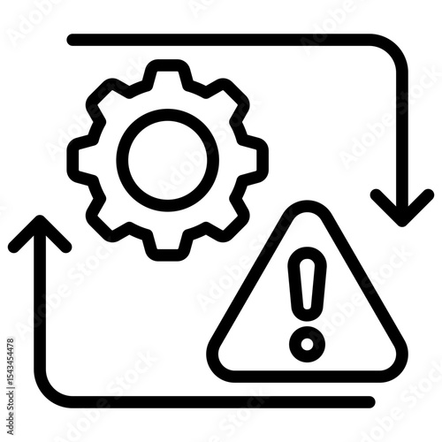 Process Risk - Outline Icon - Gear with alert sign and process arrows, indicating risk in operational workflow