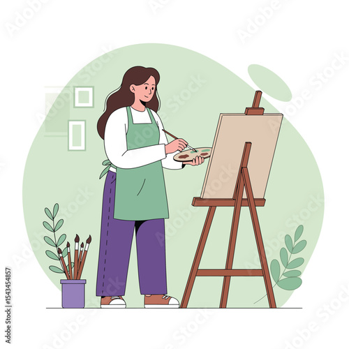 Young Woman Artist Painting on Canvas with Easel. 4