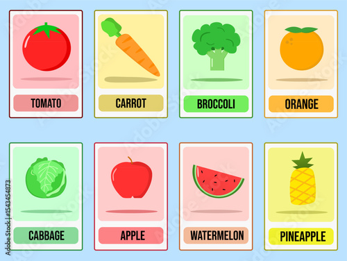 set of fruits and vegetables. educational flashcards  fruits and vegetables for  children 