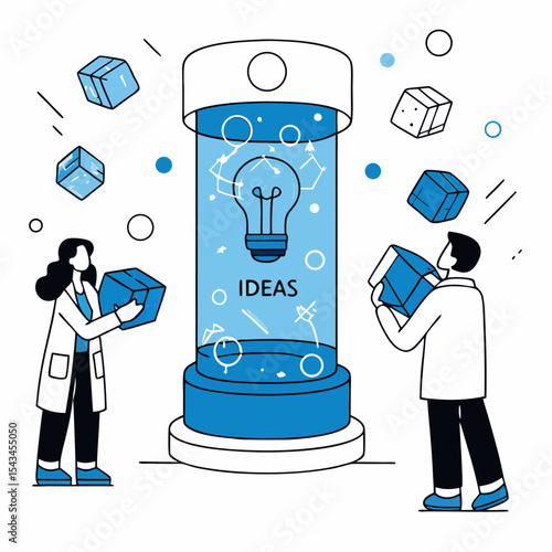 Blue-themed vector illustration of scientists or researchers generating and collecting ideas in a futuristic or laboratory setting, symbolizing innovation and problem-solving.

