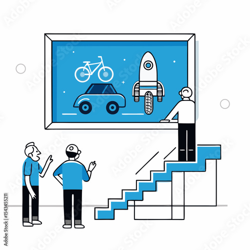 Vector Illustration of a Team Collaborating on the Future of Last Mile Delivery and Transportation Innovation

