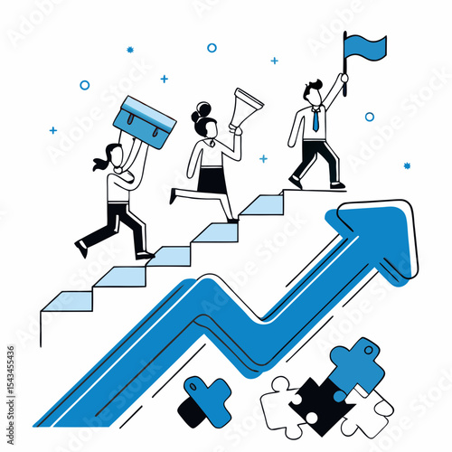 A vector illustration depicting the concept of social mobility and career advancement, with people climbing stairs on an upward arrow, symbolizing success and personal growth.

