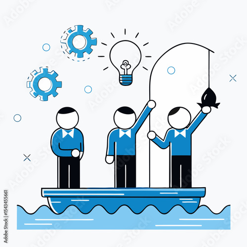 Business teamwork concept with people fishing ideas as innovation metaphor in minimal blue style design