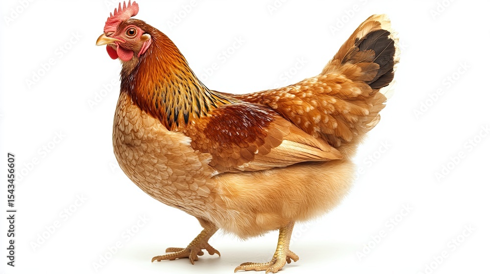 Fototapeta premium Brown chicken standing isolated on white background, side view
