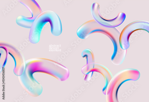 3D glass geometric shapes on light background. Colorful transparent arches and wavy lines.