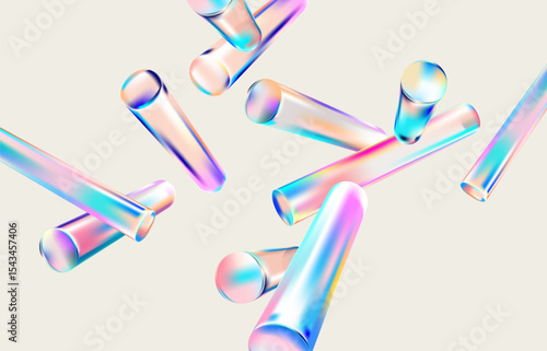 3D glass cylinders.  Abstract composition of iridescent geometric shapes.