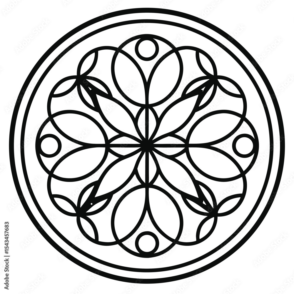 Detailed Floral Rosette Pattern in Black and White: Geometric, symmetrical flower in circular frame for stained glass, tattoo, or ornamental design element. Detailed Floral Rosette Pattern in Black and White: Geometric, symmetrical flower in circular frame for stained glass, tattoo, or ornamental design element.