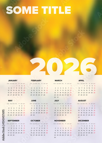 Clean and professional 2026 calendar template, perfect for planning your schedule for the year 2026. This printable calendar design with a photo placeholder background serves as a great 2026 calendar